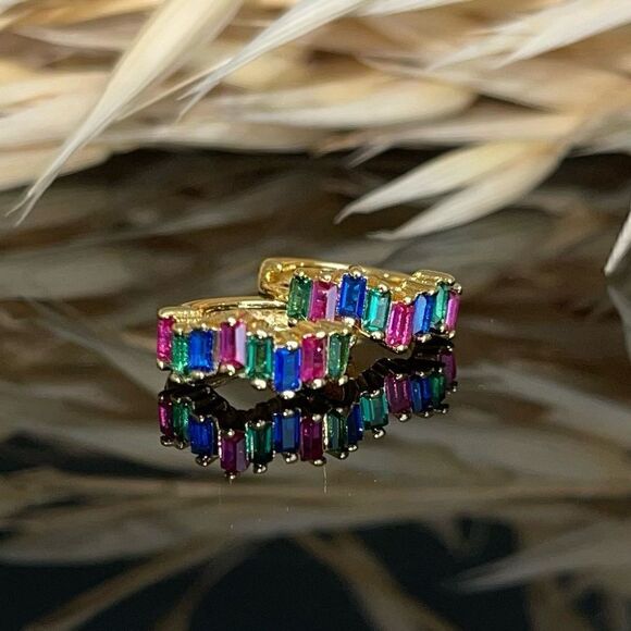 Gold Plated Baguette Huggie Hoop Earrings Dainty Minimalistic Silver CZ gems - Picture 1 of 6